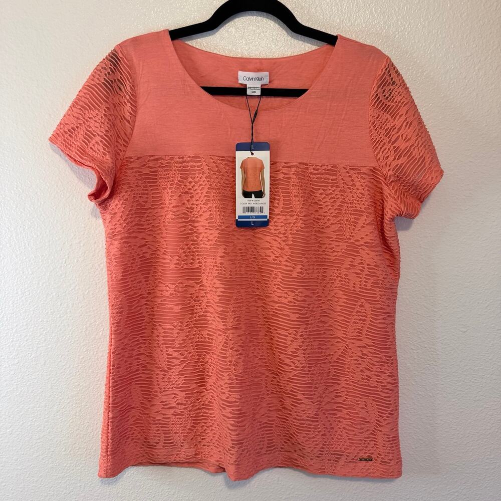 NWT Calvin Klein Coral Pink Short Sleeve Blouse Women's Size Large